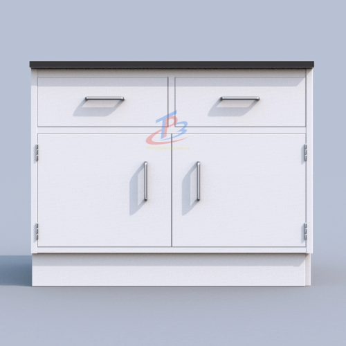 Tủ phòng thí nghiệm 2 tầng 2 cửa kéo nhỏ và 2 cửa mở lớn tay cầm inox